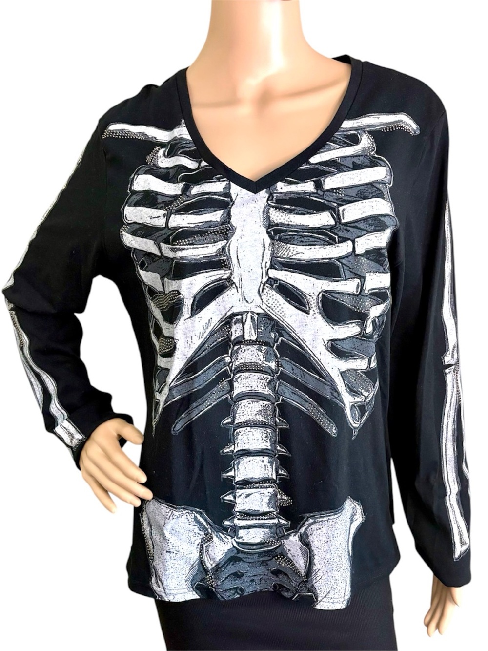 Spirit | V-Neck Long Sleeve Top with White Skeleton Graphic